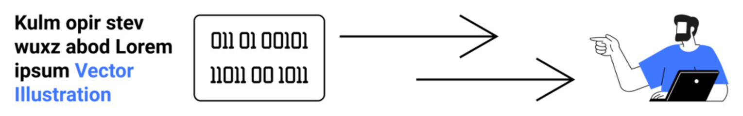 Binary digits transferring through arrows to a person holding a laptop, indicating data flow and interaction. Ideal for coding, education, software, IT services, technology, learning, flat landing