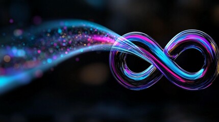 Wall Mural - glowing infinity symbol with particles flowing into it, dark background.