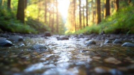 Poster - Sunlight filters through a dense jungle canopy, illuminating lush greenery and a gentle stream that flows over smooth stones, creating a tranquil atmosphere