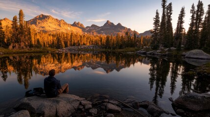 Aufkleber - A person sits peacefully on a rock by a serene lake, surrounded by towering pine trees and majestic mountains at sunset, reflecting on the water