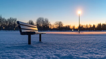 Aufkleber - A tranquil park blanketed in fresh snow features a single bench and a softly glowing lamppost, creating a peaceful winter atmosphere