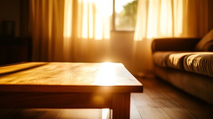 Aufkleber - Sunlight fills a cozy living room, with sheer curtains swaying in the breeze. A wooden coffee table sits invitingly in front of a comfortable sofa, creating a warm space