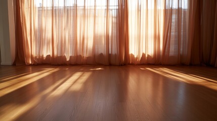 Aufkleber - Sunlight filters through sheer curtains, creating a peaceful atmosphere in a spacious room. The wooden floor shines softly as shadows dance in the breeze