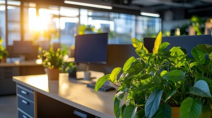 Fototapete - Bright and airy office space features contemporary desks adorned with potted plants and large windows, creating a serene, inviting atmosphere in late afternoon light