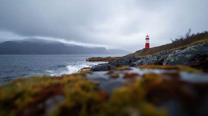 Poster - A lighthouse towers over jagged coastal rocks while fierce waves crash below. Its guiding beam breaks through dark clouds, bringing hope amidst the storm