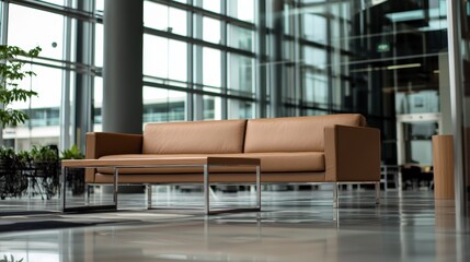 Fototapete - Wide-angle view of a serene living area with a beige sofa, coffee table, and tall windows that invite natural light, emphasizing clean lines and minimal decor