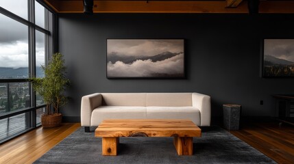 Fototapete - Elegant living room features a neutral-colored sofa, textured wall art, and ambient lighting creating a curated, inviting atmosphere perfect for relaxation