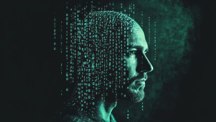digital mind: man's profile transformed into binary code