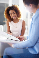 Aufkleber - Colleagues, paperwork and woman with graphs for planning, strategy and discussion in office. Financial, teamwork or investment advisor with document, professional and female person with budget review