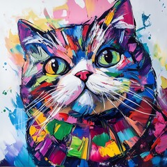  British Shorthair Cat Portrait: Colorful Abstract Oil Painting in Modern Expressionism for Cat Lovers and Pet Art Enthusiasts
