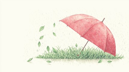 Wall Mural - red umbrella on grass with raindrops and falling leaves in nature