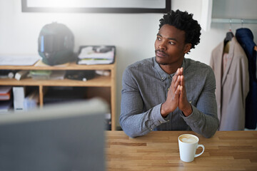 Fototapete - Fashion, thinking and black man with ideas, hands together and solution with problem solving. African person, employee and designer with planning, startup and inspiration with decision and coffee