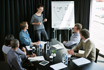 Poster - Woman, presentation and colleagues in boardroom for meeting, business planning and white board demonstration. Presenter, company and goal and strategy, collaboration or professional for project