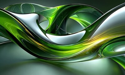 Wall Mural - Dynamic Abstract Waves of Green and Silver Flowing Gracefully Across a Smooth Surface Creating an Artistic and Modern Aesthetic Background