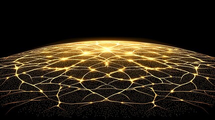 Wall Mural - A glowing golden network of lines and dots forms a complex pattern across a dark, curved surface resembling a futuristic or technological landscape.