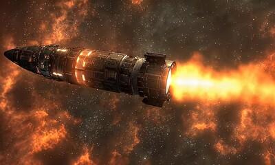 Wall Mural - Futuristic Rocket Ship Expels Flames While Traveling Through An Expansive Galaxy Filled With Colorful Nebulae And Distant Stars
