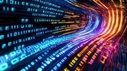 Abstract Digital Data Stream with vibrant tunnel of binary code representing the flow of information in the digital age.