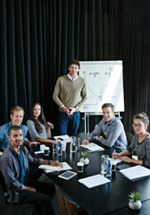Poster - Portrait, team and happy business people in presentation meeting for coworking, about us or collaboration in startup. Face, group and creative workers together writing notes with manager or analyst