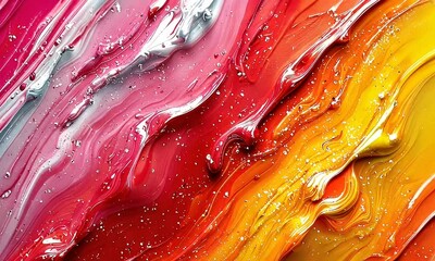 Wall Mural - Vibrant Abstract Paint Texture with Colorful Swirls of Red Orange and Yellow Creating an Artistic Flowing Design in a Dynamic Composition