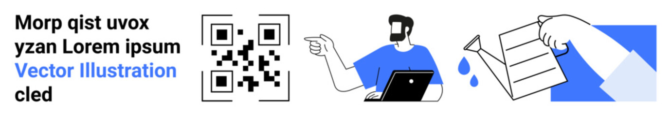 QR code scanning, person working on a laptop, hand holding a paper releasing water drops. Ideal for innovation, remote work, communication, technology, accessibility, creativity flat landing page