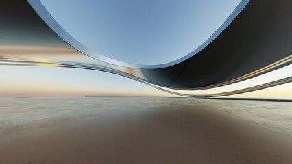 Fototapete - 3d illustration of abstract minimal architecture background, geometric architectural with chrome or metallic curve design, Car presentation