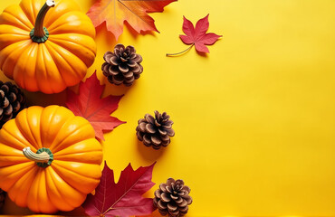 Wall Mural - A Warm Autumnal Still Life Features Pumpkins, Leaves, And Pine Cones Arranged On A Bright Yellow Background In A Flat Lay Composition.