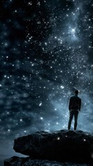 Wall Mural - silhouette of a person on a rock gazing at a starry sky. low-angle shot captures the vastness of the