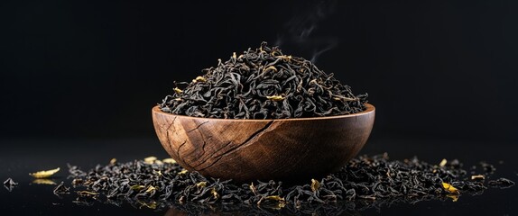 Fototapete - Rustic Wooden Bowl Filled with Dark Loose Leaf Tea on Black Setting for Beverage and Wellness Product Marketing