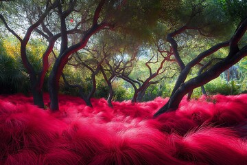 the allure of the crimson-hued grass forms flourishing beneath a vibrant canopy of trees,