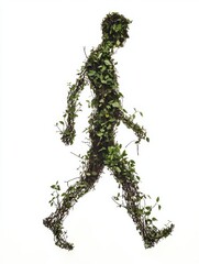 Aufkleber - Silhouette of a walking figure created with leaves and twigs against a white background during a whimsical outdoor art display