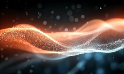 Wall Mural - Abstract Flowing Waves of Light Particles in Blue and Orange with a Smooth Shimmering Effect Against a Dark Background