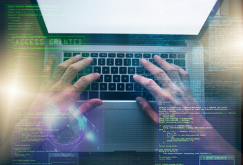 Hands, holographic and man with laptop, keyboard and coding with internet, connection and software update. Person, hacker and guy with computer, overlay and cyber security with system and programming