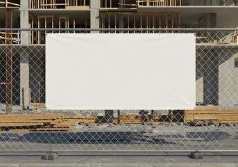 industrial advertising space—blank white banner mockup mounted on a chain-link fence at a constructi