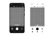 © antoniofrancois - Camera interface in phone screen. Photo, video ui in cellphone. App for record from mobile cam. Viewfinder, grid, focus, button and rec. Smartphone mockup for photography, selfie and video. Vector.