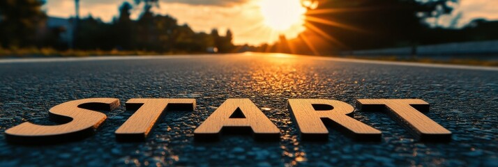 Aufkleber - Road marked with wooden letters spelling START against a sunset background symbolizing new beginnings and opportunities