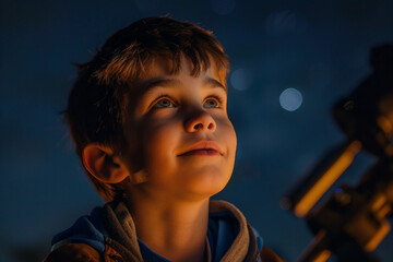 Wall Mural - young boy kid astronomer at a night of stargazing, generative ai