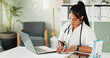 © peopleimages.com - Hospital, woman and doctor with writing for notes, medical diagnosis or information for research. Laptop, healthcare or female cardiologist with book for reminder, prescription or treatment in office