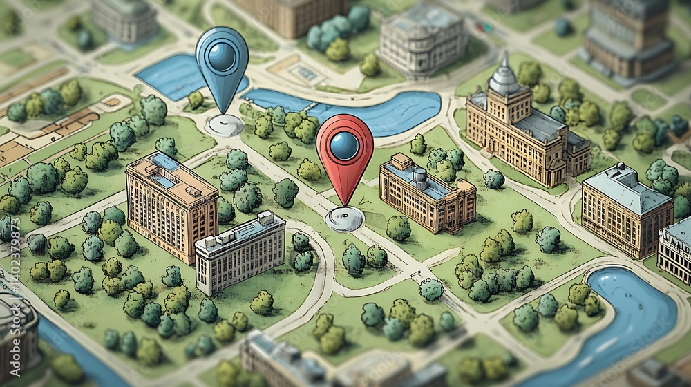 3D Map with Location Pins, 3D map with red and blue location pins ...
