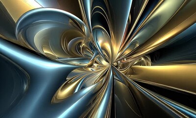 Wall Mural - Intricate Abstract Pattern of Shiny Metallic Swirls in Blue and Gold Creating a Dynamic Visual Experience in a Three-Dimensional Space
