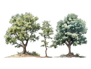 three watercolor trees on transparent background, png