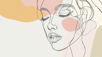 Fototapete - Unique minimalist line art face drawing surrounded by soft pastel colors reflecting an abstract fashion aesthetic