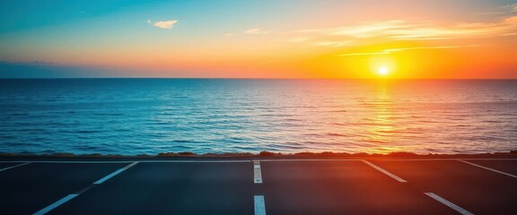 Wall Mural - empty asphalt road meets tranquil blue sea at sunset, freedom, clouds