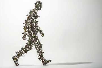 Aufkleber - Silhouette of a person walking composed of leaves and twigs on a white background showcasing the beauty of nature in movement