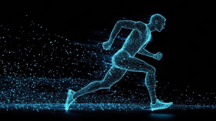 Leinwandbilder - Runner silhouette in motion with glowing digital wireframe mesh representation during a dynamic movement freeze