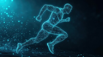 Fototapete - Runner silhouette showcasing muscles in dynamic motion with glowing digital wireframe mesh representation in a dark environment
