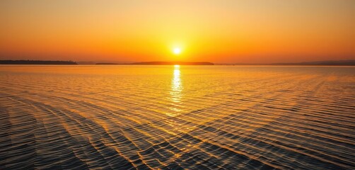 Wall Mural - golden sunset casts a warm glow on still, textured lake, serene landscape, golden light landscape, g