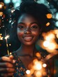 © Johannes - Cheerful young woman holding single sparkler in hand outdoor. Detail of african girl celebrating new yearâs eve with bengal light. Closeup of beautiful woman holding a sparkling stick at party nigh