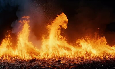 Wall Mural - Intense Flames Raging with Bright Orange Glow Creating Dynamic Visual Effect in Dark Environment