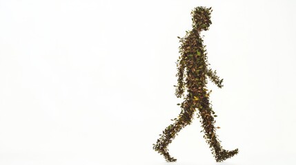 Aufkleber - Silhouette of a person made of leaves and twigs walking against a white background