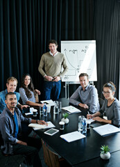 Poster - Portrait, team and business people in meeting for coworking, about us or collaboration in startup presentation. Happy face, group and creative workers together writing notes with manager or analyst